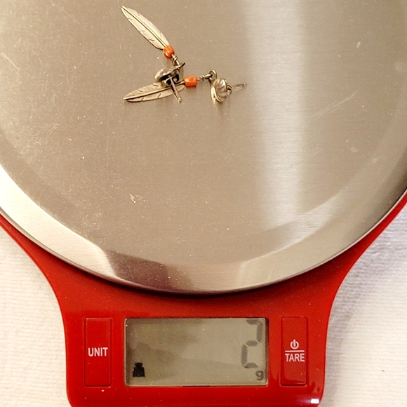 Sterling Silver FEATHER Dangle Earrings w/ orange coral? bead marked DF 925 - Picture 6 of 9